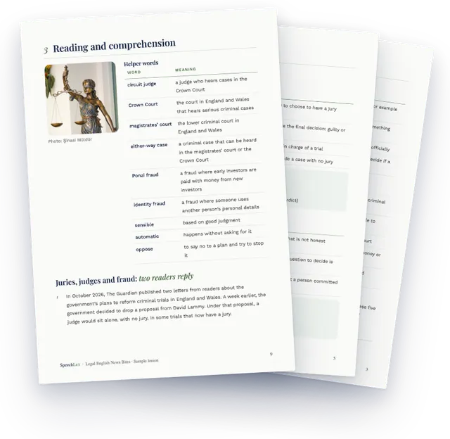 Pages from the free News Bites sample lesson: the reading with its helper words, the vocabulary and the warm-up exercises