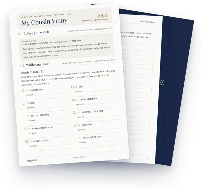 Pages from the free Legal English Movie Workbook: the word list for My Cousin Vinny and your own dictionary